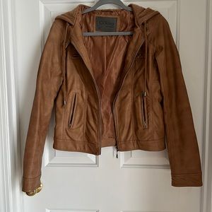 Light Brown Leather Jacket with Hood Size Small! Great condition